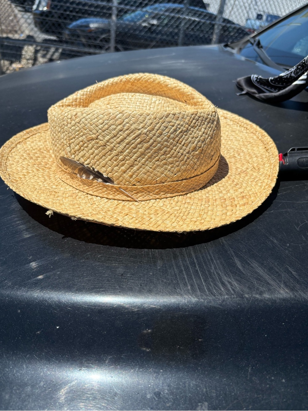 Buy one get anything free.Women’s Straw Hat in Natural Tan with Feather Accent